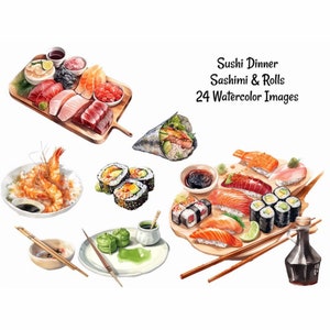 24 Sushi Sashimi Clipart Digital Downloads, Watercolor Overlay, Japanese Food, Nigiri, Wasabi, Tempura, Edamame, Hand Roll, Soy Sauce