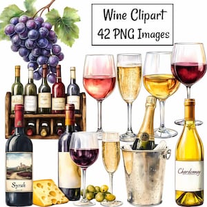 Wine Drinks Alcohol Clipart Digital Downloads Cocktail Watercolor Overlay  White Red Wine Glasses, Grapes, Winery, Vineyard, Barrels, Corks