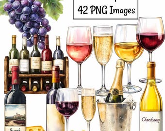 May include: A watercolor illustration of wine bottles, glasses, and grapes. The bottles are labeled with different types of wine, including Chardonnay, Syrah, and Pinot Noir. There is also a bucket of ice with a bottle of champagne in it. The image is titled "Wine Clipart 42 PNG Images".