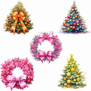 May include: A set of five Christmas decorations, including three wreaths and two Christmas trees. The wreaths are decorated with pink flowers and pink bows. The Christmas trees are decorated with colorful ornaments and bows. The trees are green and the wreaths are green with pink flowers.