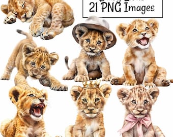 Baby Lion Clipart Digital Downloads, 21 Safari Jungle Babies Overlay Wysokiej Jakości Przezroczyste Tło, Wydruki Artystyczne, Koszulki, Naklejki