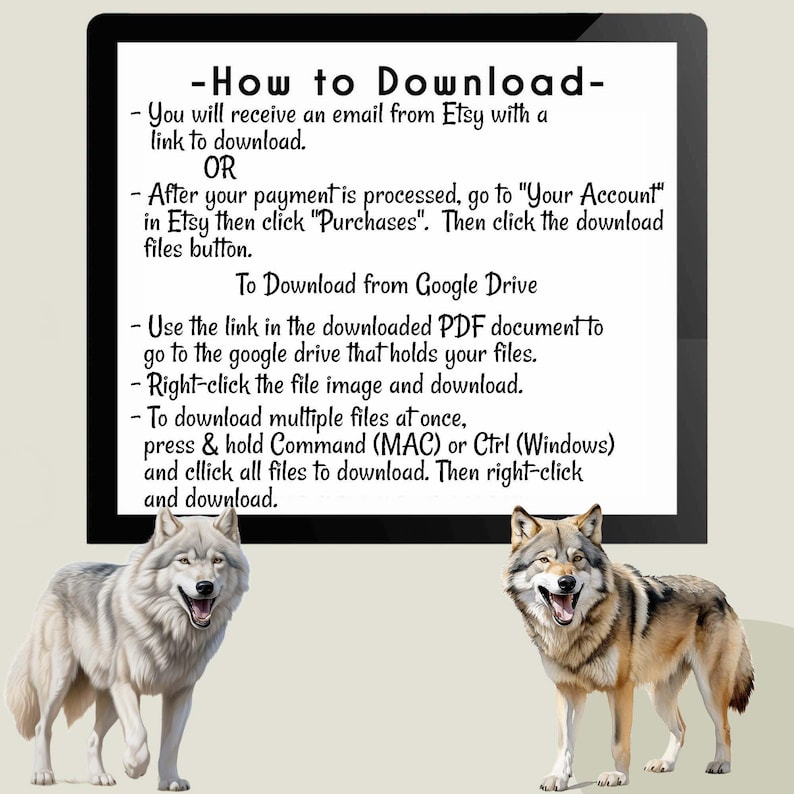 May include: A digital instruction graphic titled How to Download with text explaining Etsy and Google Drive file retrieval processes, positioned above two realistic illustrations of wolves, one with light grey fur and one with brown and grey fur.