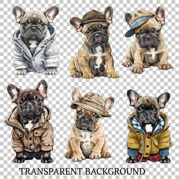 French Bulldog Puppies Coats and Hats Digital Downloads, 6 Sublimation Dog Clipart , Transparent Background, Art Prints, Shirts, Stickers