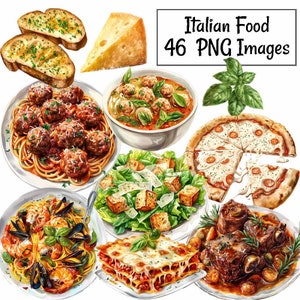 Clipart de comidas italianas, Downloads digitais de pizza de macarrão, 46 Restaurante de lasanha de almôndegas de jantar em aquarela, Arquivos PNG de uso comercial