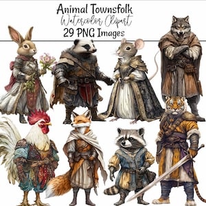 Imágenes prediseñadas de animales de la ciudad, 29 aldeanos de acuarela de rol, fantasía, folclore, cuento de hadas, personaje guerrero, ropa de juego mágico, bosque de cuento de hadas