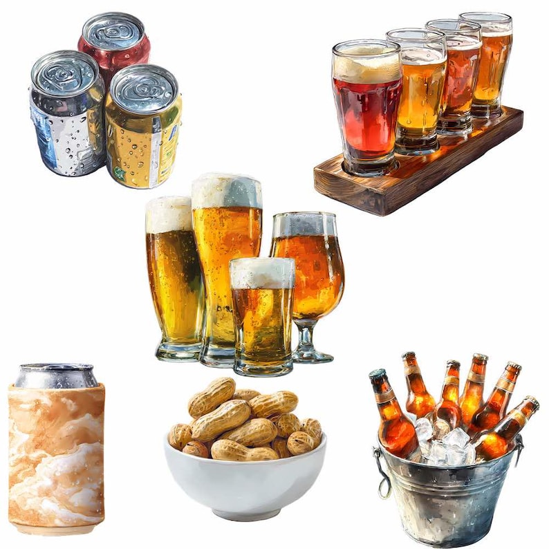 Beer Clipart Alcohol Digital Downloads Drinks Watercolor Bartender Overlay Beer bottles Lager Hops PNG Can Images Beverage Bar Distillery image 6