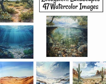 Ökosystem Landschaft Aquarell Digital Downloads Lebensraum Clipart Wald Wüste See Fluss Ozean Savanne Tundra Arktis Grasland