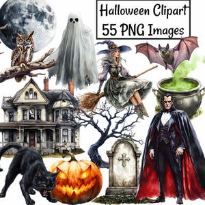 Halloween Watercolor Clipart Scary Classic Spooky Digital Downloads Gothic Vampire Witch Werewolf Mummy Ghost Trick or Treat Pumpkin