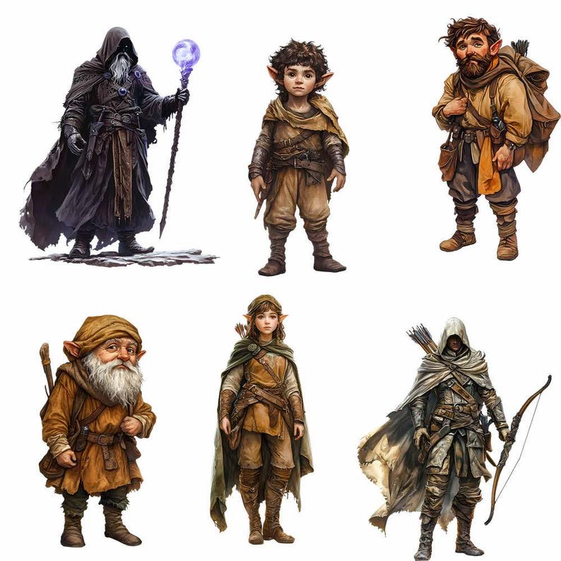 May include: A group of six fantasy characters, including a wizard, a warrior, a rogue, and three elves. The characters are all wearing different costumes and holding various weapons and accessories.