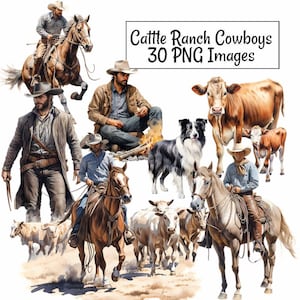 Cowboy Cattle Ranch Herding Clipart Digital Downloads, Watercolor Overlay, 30 PNG Designs Transparent backgrounds,Horse Cow Bull Barn Farm