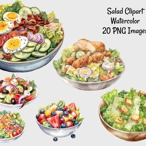Salad Greenery  Clipart Digital Downloads, Watercolor Overlay ,20 Healthy Food ,Chef, Fruit, Taco, Salmon, Pasta, Wedge, Cobb, Potato