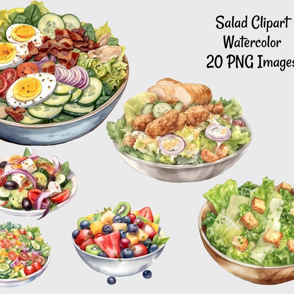 Salad Greenery Bundle Clipart Digital Downloads, Watercolor Overlay ,20 Healthy Food ,Chef, Fruit, Taco, Salmon, Pasta, Wedge, Cobb, Potato