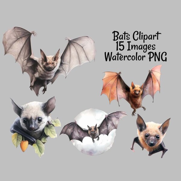 Bats Animal Watercolor Digital Downloads, 15 Halloween Night Flying Woodland High Quality Overlay Clipart , Transparent Background