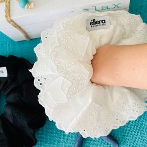 Big White, Black Boho Scrunchie Lace Cotton Ruffle Scrunchie  Broderie Anglaise Large Layered  Scrunchie  layers Oversized  Oversized XXL
