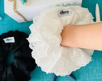 Big White Boho Scrunchie Lace Cotton Broderie Anglaise Large Layered  Scrunchie double layers Oversized Romantic for her Black Oversized XXL