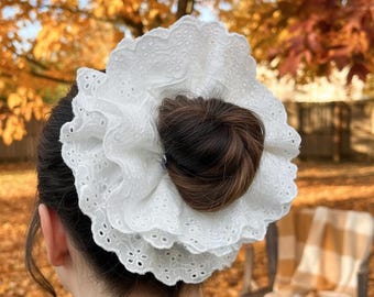 Elástico de cabelo de renda branca XXG, elástico de cabelo de algodão grande, acessório de cabelo estilo boho cottagecore feito à mão