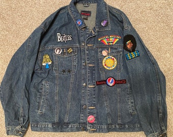 Vintage Rock Denim Jacket with Patches and Pins