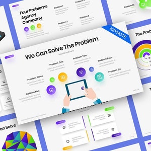 May include: A presentation slide deck with the title "We Can Solve The Problem". The slide features a tablet computer with a hand holding a finger on the screen. The slide also features six colourful circles with icons and text describing different problems. The text "Problem One", "Problem Two", "Problem Three", "Problem Four", "Problem Five", and "Problem Six" is visible on the slide.