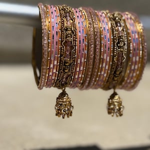 Pink Crystal Beaded Indian Bangle Set. Baby Pink and Gold Wedding Bangles. Perfect Gift For Her,  Baby Pink Intricate Metal Bracelet