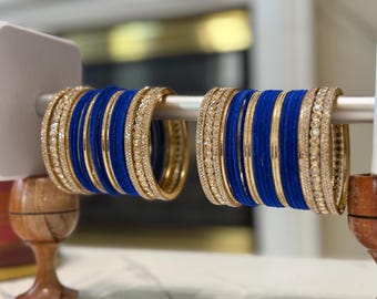 Royal Blau Samt & Gold Armreif Set | Indische Hochzeit Gast Schmuck Stapel