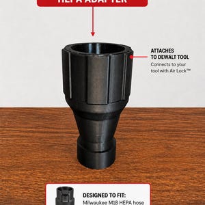 Peut inclure: Un adaptateur d'aspirateur en plastique noir pour tuyaux Milwaukee M18 HEPA. Le texte indique : FOR MILWAUKEE M18 HEPA ADAPTER, ATTACHES TO DEWALT TOOL, Connects to your tool with Air Lock, DESIGNED TO FIT: Milwaukee M18 HEPA hose (49-90-1937).