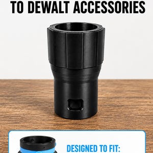 May include: A black cylindrical vacuum hose adapter with a ribbed top section and a square cutout on the side. Text at the top reads CENTEC HOSE TO DEWALT ACCESSORIES. An inset shows a black adapter with a blue ring labelled DESIGNED TO FIT: Centec Lock Adapter.