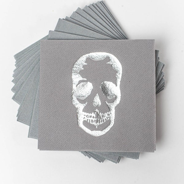 Gray and Silver Skull Metallic Halloween Cocktail Napkins | Silver Napkins | Cocktail Bar Napkins | Halloween Gift | Halloween Party Decor