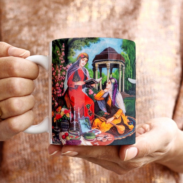 11 oz ceramic mug celebration of Nowruz, thePersian New Year at the Tomb of Hafez in Shiraz, Persian calligraphy of one of Hafez's Poems