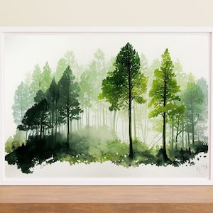 Green Forest Painting Print | Watercolor Forest Print | Forest Trees Decor | Forest Download | Printable Trees Art