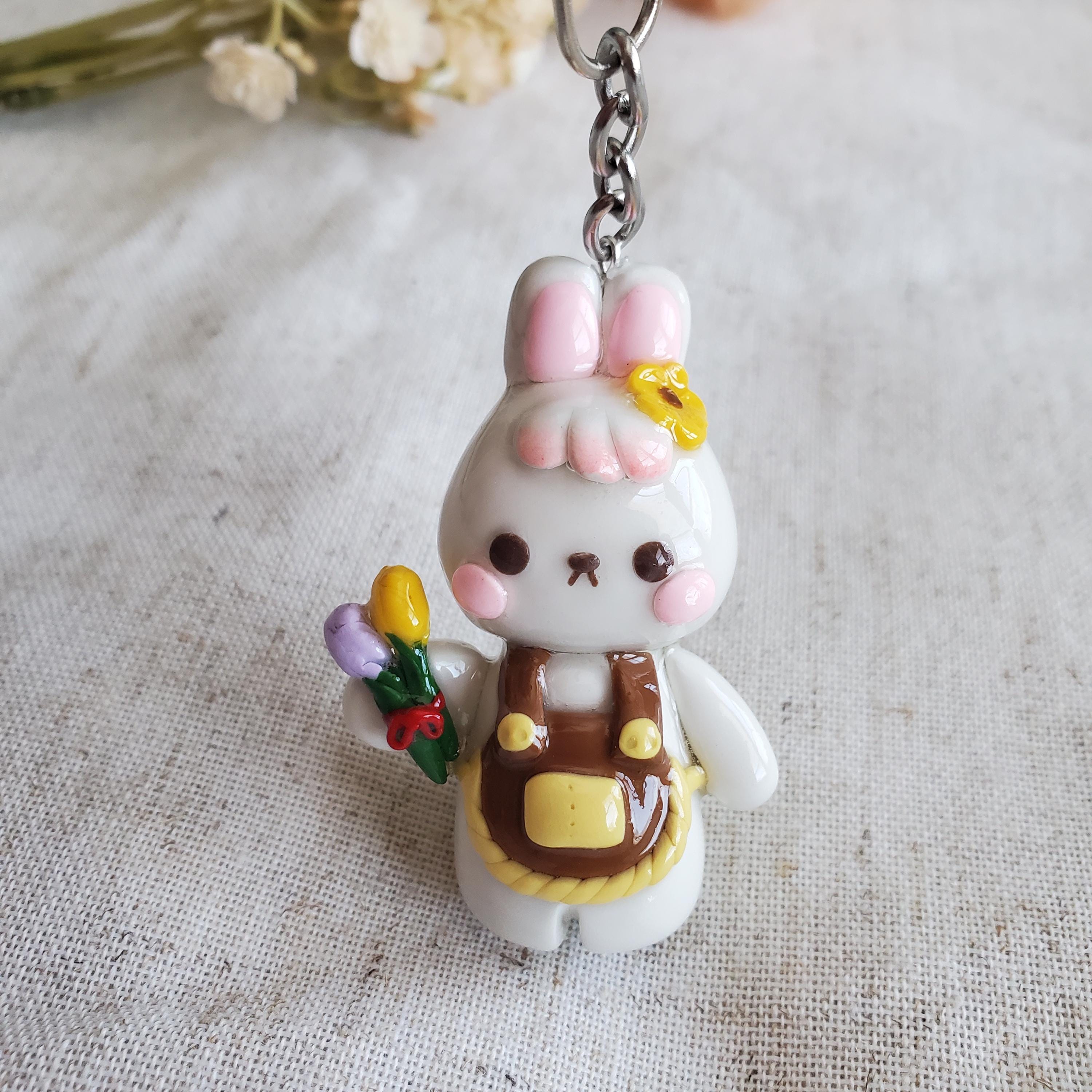 Bon The Rabbit Keychain Bonnie the Botanist | Bunny Keychain | Handmade Polymer Clay Keychain ...