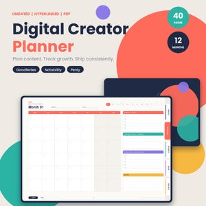 May include: A digital planner for creators featuring a monthly calendar spread with sections for goals, content focus, and notes. The interface includes tabs for navigation and text reading Undated, Hyperlinked, PDF, Digital Creator Planner.