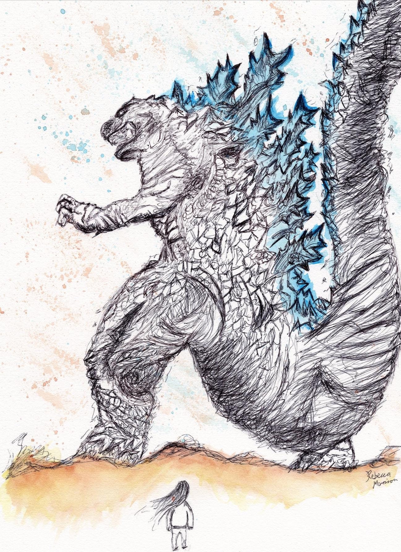 Godzilla Red Ink Godzilla Pen and Watercolour Painting - Etsy