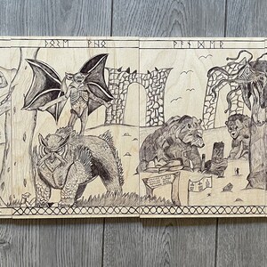 May include: A wood-burned artwork depicting a scene from a fantasy story. The artwork is divided into four panels, each with a different scene. The first panel shows a figure standing on a tree stump, looking out over a landscape. The second panel shows a winged creature flying over a large, four-legged beast. The third panel shows a bear-like creature sitting on a rock, looking at a book. The fourth panel shows a figure standing in front of a large, menacing creature.