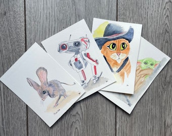 Watercolour Character Postcard Prints- Muad’Dib, BD-1, Puss in Boots and Grogu