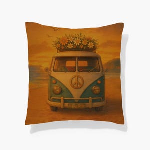 Groovy Van Life – Woven Pillow | Retro Road Trip Decor, 70s Boho Camper Cushion (Groovy Vibes Collection)