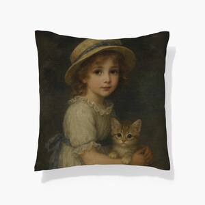 Little Girl and her Kitten – Woven Pillow | Vintage Scene, Whimsical Cat and Child Art (Modern Heritage Collection)