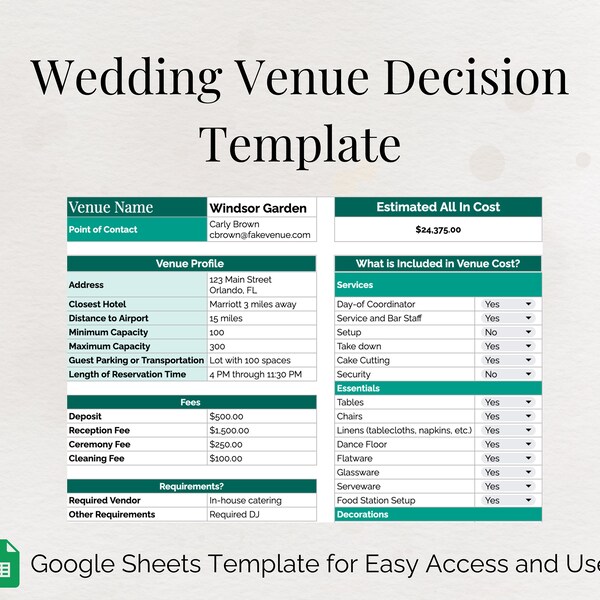 Wedding Venue Decision Google Sheets Template | Instant Digital Download Editable Event Planner Spreadsheet | Wedding Planning Organizer