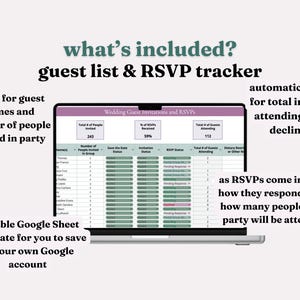 Slide advertising what is included in the Wedding Guest List Manager, including a guest list and RSVP tracker. Slide features a screenshot of the spreadsheet showing the status of wedding invitations and RSVPs, including total invited, save-the-date status, invitation status, and RSVP status. Filter options are available for detailed review.