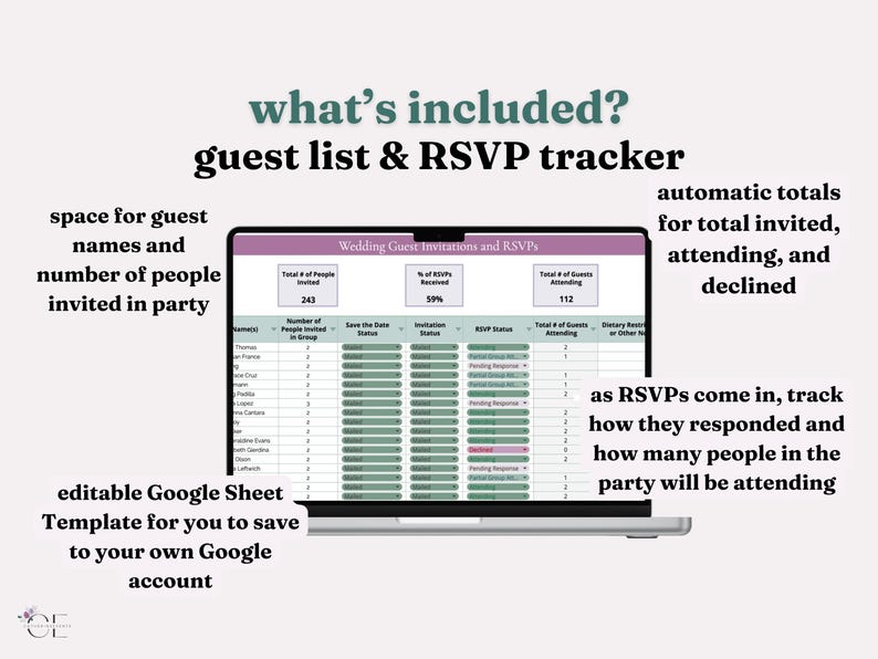 Slide advertising what is included in the Wedding Guest List Manager, including a guest list and RSVP tracker. Slide features a screenshot of the spreadsheet showing the status of wedding invitations and RSVPs, including total invited, save-the-date status, invitation status, and RSVP status. Filter options are available for detailed review.