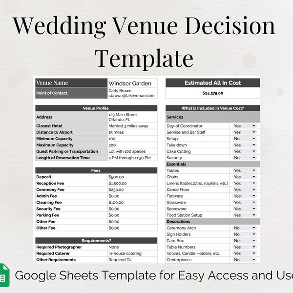 Wedding Venue Decision Google Sheets Template | Instant Digital Download Editable Event Planner Spreadsheet | Minimalist Wedding Organizer