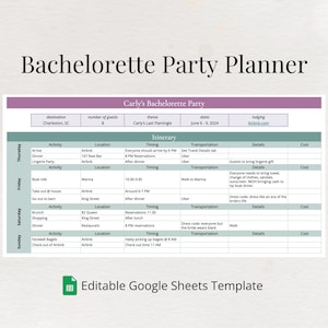 Bachelorette Party Planner Google Sheets | Fun & Colorful Checklist, Budget and Itinerary