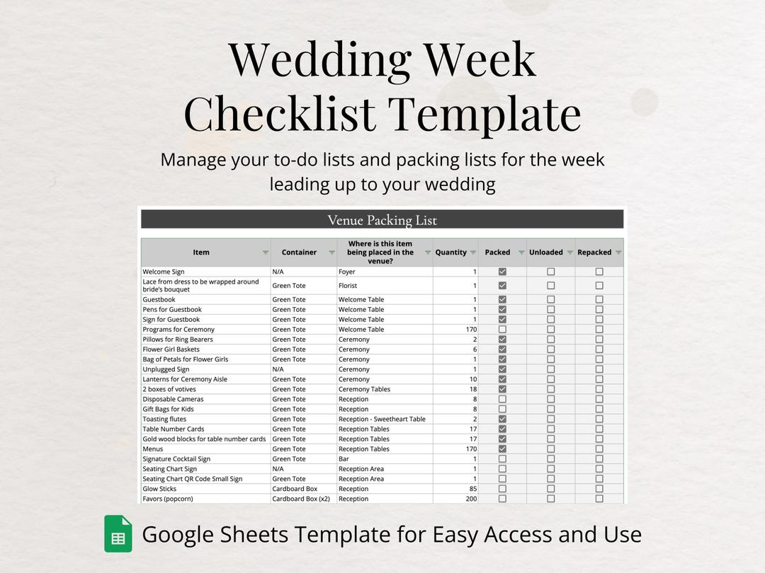 Wedding Checklist Editable Google Sheets Template | Instant Digital ...