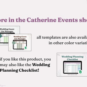 Promotes wedding guest list manager template alternative in other color schemes, available in the CatherineEvents shop. If you like this product,  you may also like the Wedding Planning Checklist product.
