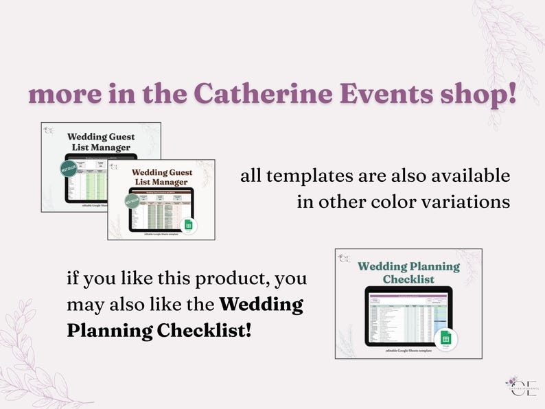 Promotes wedding guest list manager template alternative in other color schemes, available in the CatherineEvents shop. If you like this product,  you may also like the Wedding Planning Checklist product.