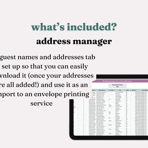 Slide advertising the template's wedding guest address manager. A spreadsheet titled "Wedding Guest List with Addresses" displays columns of guest details and text highlights features of the address manager including exporting the file to upload to an invitation manager.
