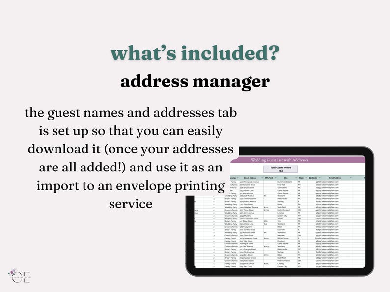 Slide advertising the template's wedding guest address manager. A spreadsheet titled "Wedding Guest List with Addresses" displays columns of guest details and text highlights features of the address manager including exporting the file to upload to an invitation manager.