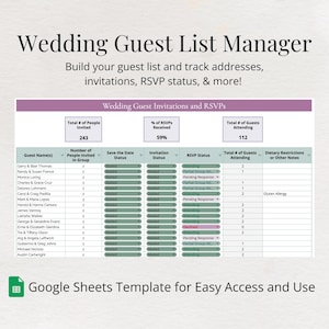 Hochzeitsplanung Gästeliste Google Sheets Vorlage | Sofortiger digitaler Download U.S.V. Einladung Checklist Tracker Bunte Tabelle