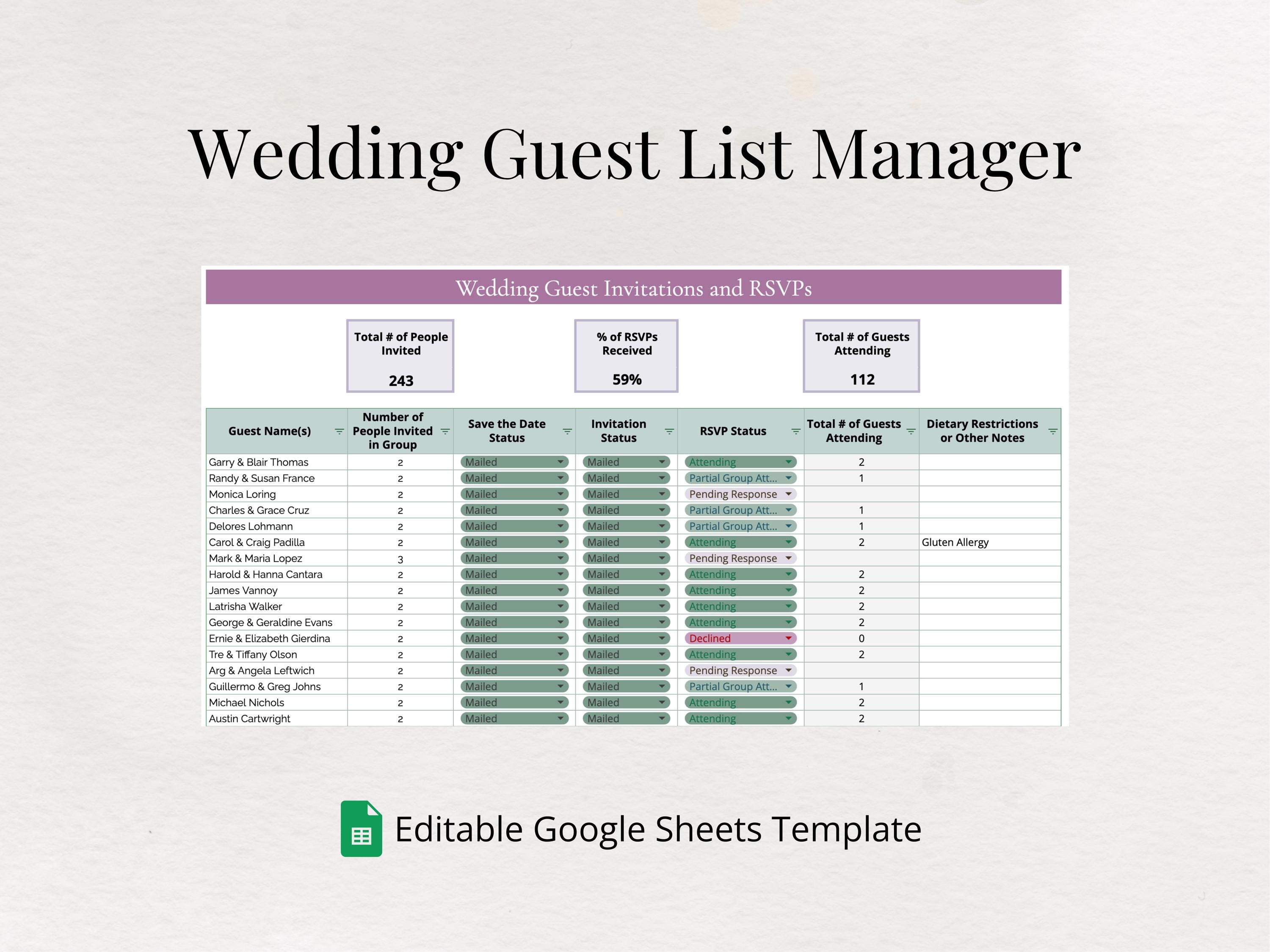 Wedding Planning Guest List Google Sheets Template | Instant Digital Download RSVP Invitation Checklist Tracker Colorful Spreadsheet
