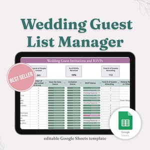 Slide advertising a Wedding Guest List Manager Google Sheets template. Slide includes a screenshot of the template displayed on a tablet, featuring columns for guest names, address details, invitations, RSVP status. The Google Sheets logo is in the bottom right corner.
