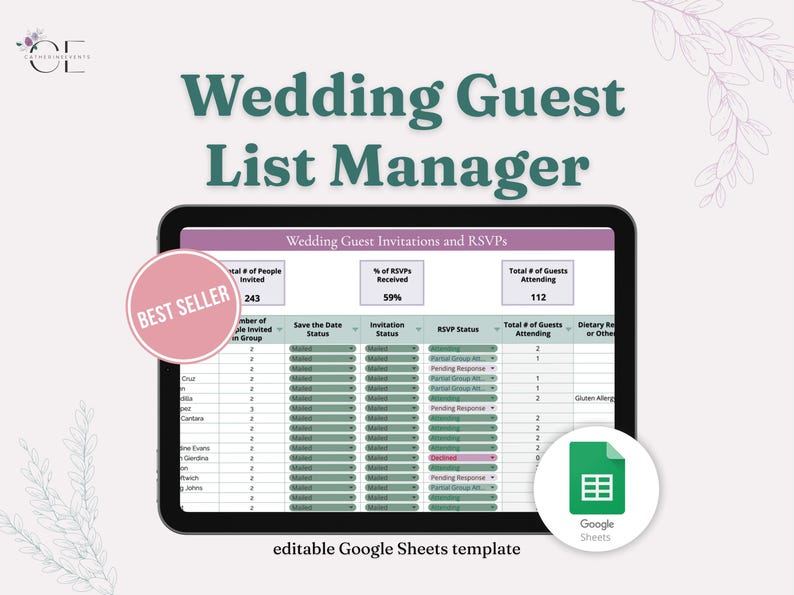 Slide advertising a Wedding Guest List Manager Google Sheets template. Slide includes a screenshot of the template displayed on a tablet, featuring columns for guest names, address details, invitations, RSVP status. The Google Sheets logo is in the bottom right corner.